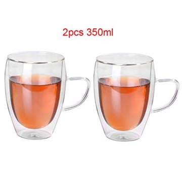 2er Set doppelwandige Design Glas Teetasse Kaffeetasse mit Henkel Hitzebeständige Klarglasbecher für Heiß- und Kaltgetränke 350ml - 1
