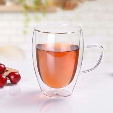 2er Set doppelwandige Design Glas Teetasse Kaffeetasse mit Henkel Hitzebeständige Klarglasbecher für Heiß- und Kaltgetränke 350ml - 5