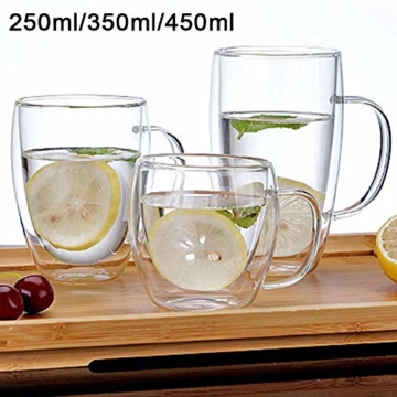 2er Set doppelwandige Design Glas Teetasse Kaffeetasse mit Henkel Hitzebeständige Klarglasbecher für Heiß- und Kaltgetränke 350ml - 6
