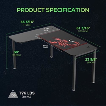 EUREKA ERGONOMIC Gaming Tisch L60 Eckschreibtisch Gaming Büro Schreibtisch L-förmige PC Tisch Gaming Groß Computerecktisch Gamer Tisch 155 * 110 cm Schwarz - 5