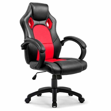 Gaming Stuhl Chair, Hoch Rücken Ergonomischer PU Leder Bürostuhl Racing Sportsitz Gaming Drehstuhl Computer Schreibtisch Sportsitz Gaming schreibtischstuhl High Back Büro Chefsessel Kunstleder (ROT) - 3