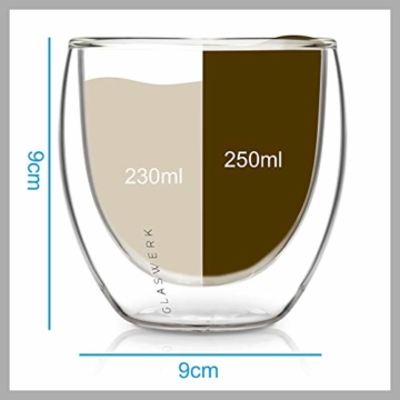 GLASWERK Design Cappuccino Tassen (2 x 230ml) - doppelwandige Kaffeegläser aus Borosilikatglas - spülmaschinenfeste Cappuccino Gläser - 3