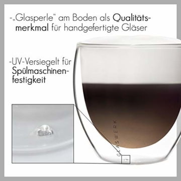 GLASWERK Design Cappuccino Tassen (2 x 230ml) - doppelwandige Kaffeegläser aus Borosilikatglas - spülmaschinenfeste Cappuccino Gläser - 5