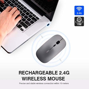 INPHIC Kabellose Maus, Slim Silent Click Mini Wiederaufladbare Wireless Mouse, 2.4G USB Optische Mäuse PC Laptop Computer Funkmaus Mini mit Nano Empfänger, für Windows Mac MacBook Linux - Grau - 5