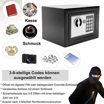 Klein Elektronik Safe Tresor mit zahlenschloss und 2 Notschlüssel Wasserdichte Sicherheitsbox Wandtresor Schwarz 23 x 17 x 17 cm - 3