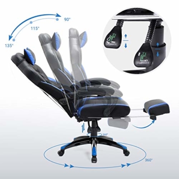 SONGMICS Gamingstuhl, Bürostuhl mit Fußstütze, Schreibtischstuhl, ergonomisches Design, verstellbare Kopfstütze, Lendenstütze, bis zu 150 kg belastbar, Schwarz-Blau, OBG77BU - 4