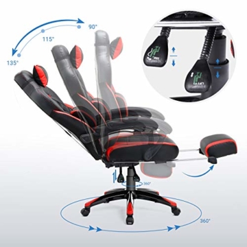 SONGMICS Gamingstuhl, Bürostuhl mit Fußstütze, Schreibtischstuhl, ergonomisches Design, verstellbare Kopfstütze, Lendenstütze, bis zu 150 kg belastbar, Schwarz-Rot, OBG77BR - 3