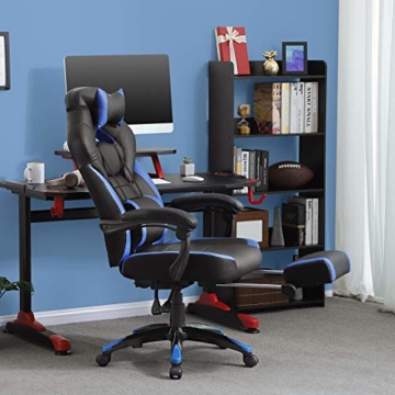 SONGMICS Gamingstuhl, Bürostuhl mit Fußstütze, Schreibtischstuhl, ergonomisches Design, verstellbare Kopfstütze, Lendenstütze, bis zu 150 kg belastbar, Schwarz-Blau, OBG77BU - 3