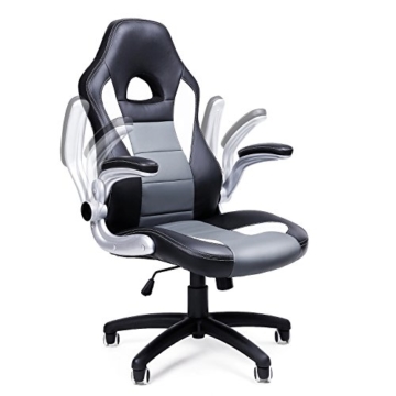 SONGMICS Gamingstuhl, Racing Chair, Schreibtischstuhl mit hoher Rückenlehne, Bürostuhl, höhenverstellbar, hochklappbare Armlehnen, Wippfunktion, für Gamer, schwarz-grau-weiß OBG28G - 4