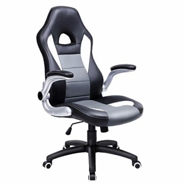 SONGMICS Gamingstuhl, Racing Chair, Schreibtischstuhl mit hoher Rückenlehne, Bürostuhl, höhenverstellbar, hochklappbare Armlehnen, Wippfunktion, für Gamer, schwarz-grau-weiß OBG28G - 1