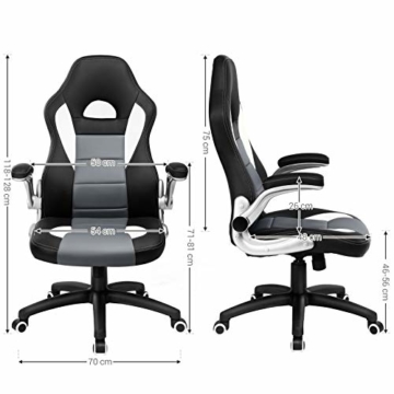 SONGMICS Gamingstuhl, Racing Chair, Schreibtischstuhl mit hoher Rückenlehne, Bürostuhl, höhenverstellbar, hochklappbare Armlehnen, Wippfunktion, für Gamer, schwarz-grau-weiß OBG28G - 6