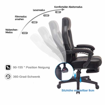 Wolmic Racing Stil Gaming-Stuhl mit Fußstütze E-Sports Höhe Rücken Ergonomischer Computer Schreibtisch Leder Bürostuhl mit Verstellbarer und gepolsterter Kopfstütze (9015Schwarz) - 3