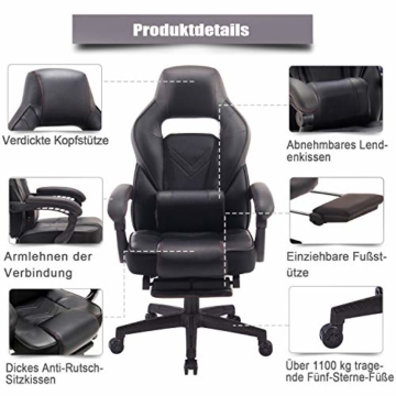 Wolmic Racing Stil Gaming-Stuhl mit Fußstütze E-Sports Höhe Rücken Ergonomischer Computer Schreibtisch Leder Bürostuhl mit Verstellbarer und gepolsterter Kopfstütze (9015Schwarz) - 5