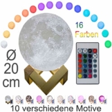 3D Mond Lampe 20cm mit Fernbedienung, Motiv 3D Mond, erhältlich in Ø 15 oder 20cm, 16 Farben. 10 verschiedene Motive, dimmbar, viele Funktionen, deutsche Bedienungsanleitung. Mondlampe Mondleuchte, - 1