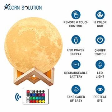 AcornSolution Mondlampe, 3D-Druck, LED-Mondlicht, Lampe für Kinder, dimmbar, Touch-Control, Helligkeitslicht für Heimdekoration und Geschenke für Partner, Eltern, Freunde, 16 RGB-Farben, 15 cm - 4