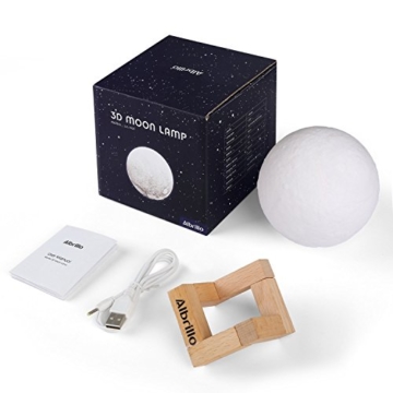 Albrillo LED Mond Lampe - 10cm 3D Mondlicht mit Touch Sensor, 3 Farbe Auswählbar und dimmbar Nachtlicht, USB Wiederaufladbar als Deko und Geschenke, 12.5um Oberflächengenauigkeit - 3