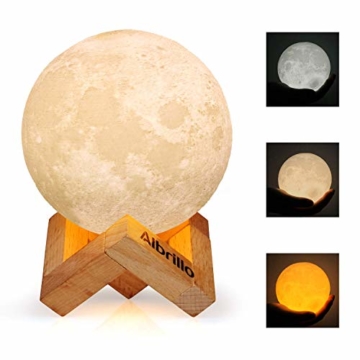 Albrillo LED Mond Lampe - 10cm 3D Mondlicht mit Touch Sensor, 3 Farbe Auswählbar und dimmbar Nachtlicht, USB Wiederaufladbar als Deko und Geschenke, 12.5um Oberflächengenauigkeit - 1