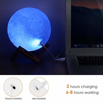 Albrillo LED Mond Lampe - 10cm 3D Mondlicht mit Touch Sensor, 3 Farbe Auswählbar und dimmbar Nachtlicht, USB Wiederaufladbar als Deko und Geschenke, 12.5um Oberflächengenauigkeit - 7