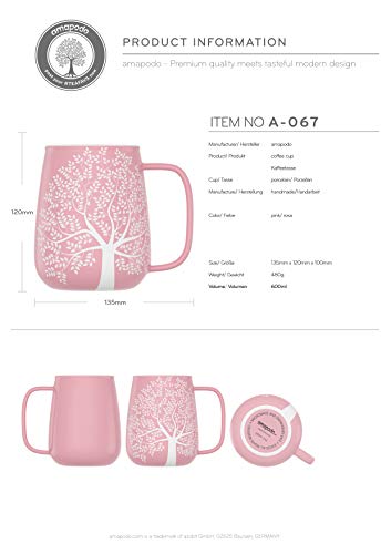 amapodo Kaffeetasse groß aus Porzellan mit Henkel 600ml Jumbotasse XXL Keramik Kaffeebecher Rosa Geschenke für Frauen Männer - 3