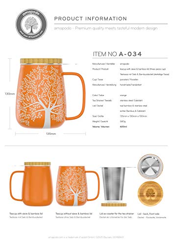 amapodo Teetasse mit Deckel und Sieb 600ml Porzellan Tasse groß, XXL Tassen Set Orange plastikfrei - 4