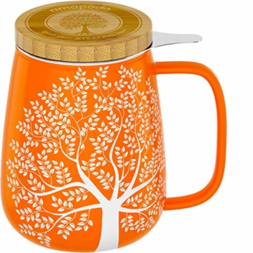 amapodo Teetasse mit Deckel und Sieb 600ml Porzellan Tasse groß, XXL Tassen Set Orange plastikfrei - 1