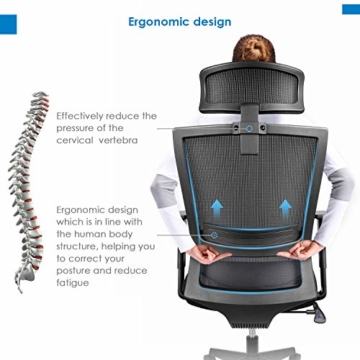 amzdeal Bürostuhl Ergonomischer Chefsessel Computerstuhl Schreibtischstuhl mit Einstellbarer Kopfstütze, Drehstuhl mit Armlehnen und Rückenlehnen - 5