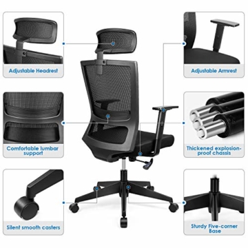 amzdeal Bürostuhl Ergonomischer Chefsessel Computerstuhl Schreibtischstuhl mit Einstellbarer Kopfstütze, Drehstuhl mit Armlehnen und Rückenlehnen - 6