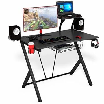 COSTWAY Gaming Tisch ergonomisch, Gaming Desk mit Ablage, Getränkehalter, Display-Ständer und 2 Halter, Schreibtisch PC, Computertisch Schwarz - 1