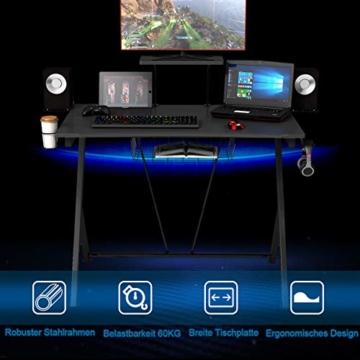 COSTWAY Gaming Tisch ergonomisch, Gaming Desk mit Ablage, Getränkehalter, Display-Ständer und 2 Halter, Schreibtisch PC, Computertisch Schwarz - 5