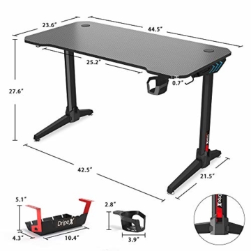 Dripex Gaming Tisch 113 cm Gaming Schreibtisch Gaming Computertisch PC Schreibtisch Gamer mit Getränkehalter und Kopfhörerhalter Schwarz - 3