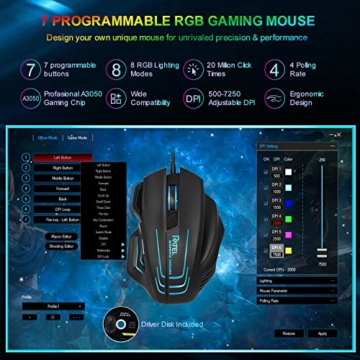 Gaming-Maus Verkabelt, WisFox Ergonomisch Spiel Mäuse mit 7 programmierbaren Tasten, 7 Chroma RGB Hintergrundbeleuchtung, Feuerknopf, Optische Gaming-Mäuse mit komfortablem Griff für Pro Gamer Schwarz - 3