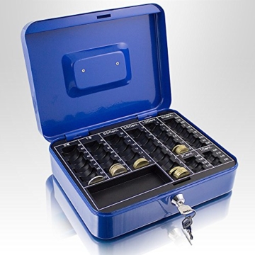 Geldkassette 25 cm groß abschließbar Münz Geld Zählbrett Kasse Safe Blau 250mm x 200mm x 70mm (B/T/H) - 3