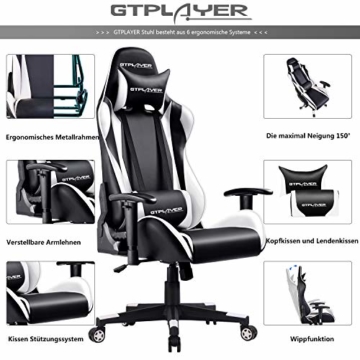 GTPLAYER Gaming Stuhl Bürostuhl Schreibtischstuhl Kunstleder Drehstuhl Chefsessel Höhenverstellbarer Gamer Stuhl Ergonomisches Design (Weiß) - 2