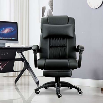 JL Comfurni Chefsessel Bürostuhl Ergonomischer Schreibtischstuhl 360°drehbar Computerstuhl höhenverstellbar Drehstuhl mit Fußstütze aus Kunstleder schwarz - 5
