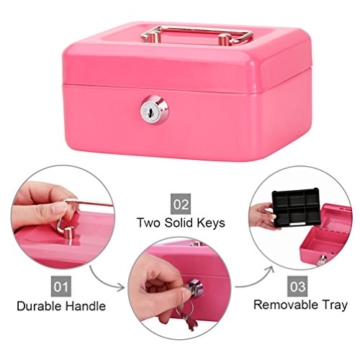 Kleine Geldkassette mit Schlüsselschloss, Parrency tragbare Metall-Spardose mit doppelter Schicht und 2 Schlüsseln für Sicherheit, 15 x 12 x 7 cm, Rose - 2