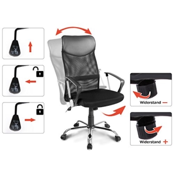 Merax Bürostuhl Drehstuhl Schreibtischstühle Ergonomischer Design Chefsessel mit Kopfstütze, Netzrückenlehne/Wippfunktion (Schwarz) - 4