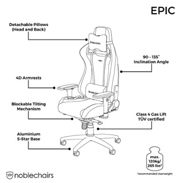 noblechairs Epic Gaming Stuhl - Bürostuhl - Schreibtischstuhl - PU-Kunstleder - Inklusive Kissen - Schwarz/Gold - 7