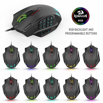 Redragon M908 Impact RGB LED MMO Maus USB Laser Gaming Maus mit 12400dpi, Hohe Präzision, 18 programmierbare Seitentasten, Ergonomisches Design, Schwarz - 8