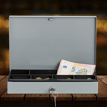 Relaxdays Abschließbare Geldkassette, Flache Kasse mit Münzfach, 2 Schlüssel, Geldzählkassette HxBxT: 5x30x20 cm, grau - 3