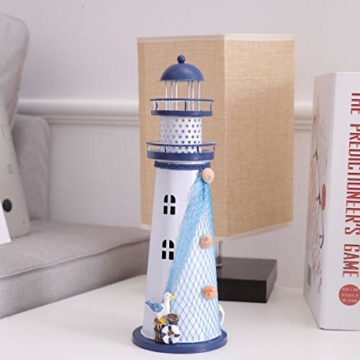 VOSAREA Windlichthalter Vintage Eisen Leuchtturm Form mit Vogel LED Dekorative Kerzenlaternen Kerzenständer Nautische Maritime Deko (Blau) - 3