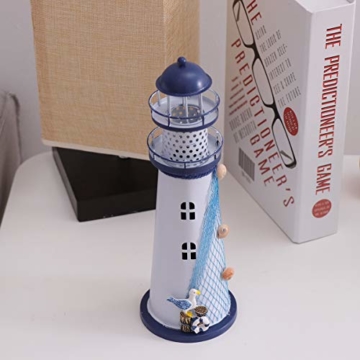 VOSAREA Windlichthalter Vintage Eisen Leuchtturm Form mit Vogel LED Dekorative Kerzenlaternen Kerzenständer Nautische Maritime Deko (Blau) - 6