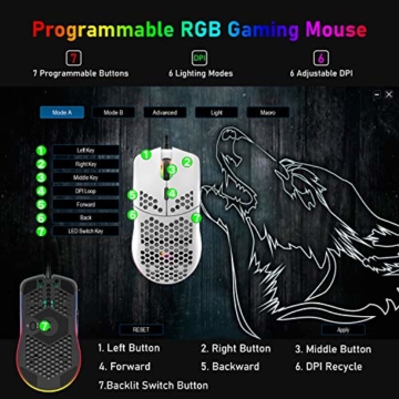 ZIYOULANG Kabelgebundene Gaming-Maus, 69 G, Wabengehäuse, leichte Maus mit 6400 DPI, programmierbare USB-Gaming-Maus, für PC-Gamer und Xbox und PS4-Benutzer, Weiß - 5
