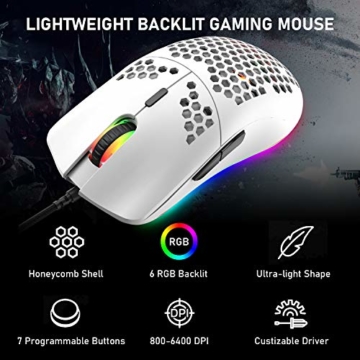 ZIYOULANG Kabelgebundene Gaming-Maus, 69 G, Wabengehäuse, leichte Maus mit 6400 DPI, programmierbare USB-Gaming-Maus, für PC-Gamer und Xbox und PS4-Benutzer, Weiß - 8