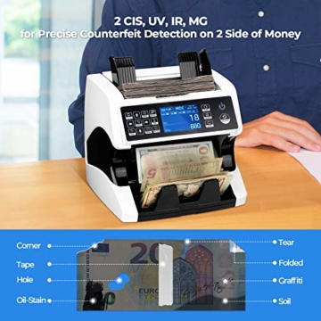 Banknotenzähler für Gemischte Geldscheine mit Wertzählung MUNBYN UV MG IR UV MW 3D SN 2 CIS Geldzählmaschine Banknotenzählmaschine für Euro-Banknoten - 2
