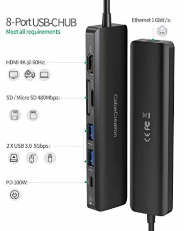 CableCreation USB C Hub Multiport Adapter, 8-Port Typ C Hub mit 4K@60Hz HDMI, 100W PD, RJ45, SD/TF-Kartenleser, 2 USB 3.0-Anschlüsse, für MacBook Pro 2020/2019, MacBook Air 2020, iPad Pro 2020/2018 - 2