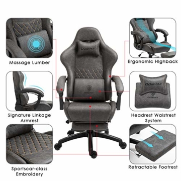 Dowinx Gaming Stuhl Bürostuhl Ergonomischer PC-Stuhl mit Massage Lendenwirbelstütze, Vorteil Stil PU Leder Hohe Rückenlehne Verstellbarer Drehsessel mit Fußstütze (Grau) - 5
