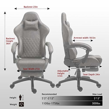 Dowinx Gaming Stuhl Bürostuhl Ergonomischer PC-Stuhl mit Massage Lendenwirbelstütze, Vorteil Stil PU Leder Hohe Rückenlehne Verstellbarer Drehsessel mit Fußstütze (Grau) - 6