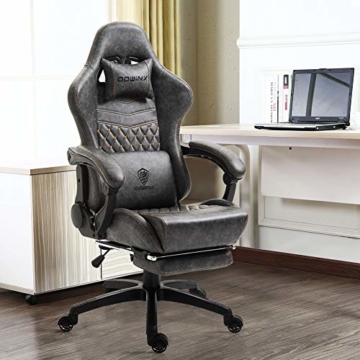 Dowinx Gaming Stuhl Bürostuhl Ergonomischer PC-Stuhl mit Massage Lendenwirbelstütze, Vorteil Stil PU Leder Hohe Rückenlehne Verstellbarer Drehsessel mit Fußstütze (Grau) - 7