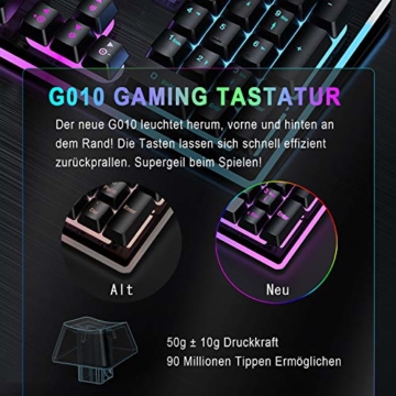EZONTEQ Ergonomische Gaming Tastatur RGB LED Beleuchtung wasserdicht Tastenkappen Design QWERTZ Deutsche Layout für Bussiness, Gaming - 8