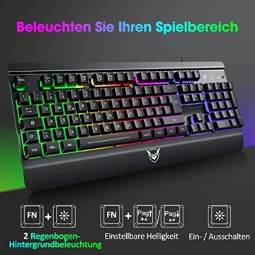 Gaming Tastatur Metallic, PC Tastatur PICTEK Rainbow LED Tastatur mit Handgelenkauflage, 19 Anti-Ghosting, 12 Multimedia Verknüpfungen, 1.6m USB Tastatur, 4 wasserdichte Löcher, Keyboard für Gamer - 2